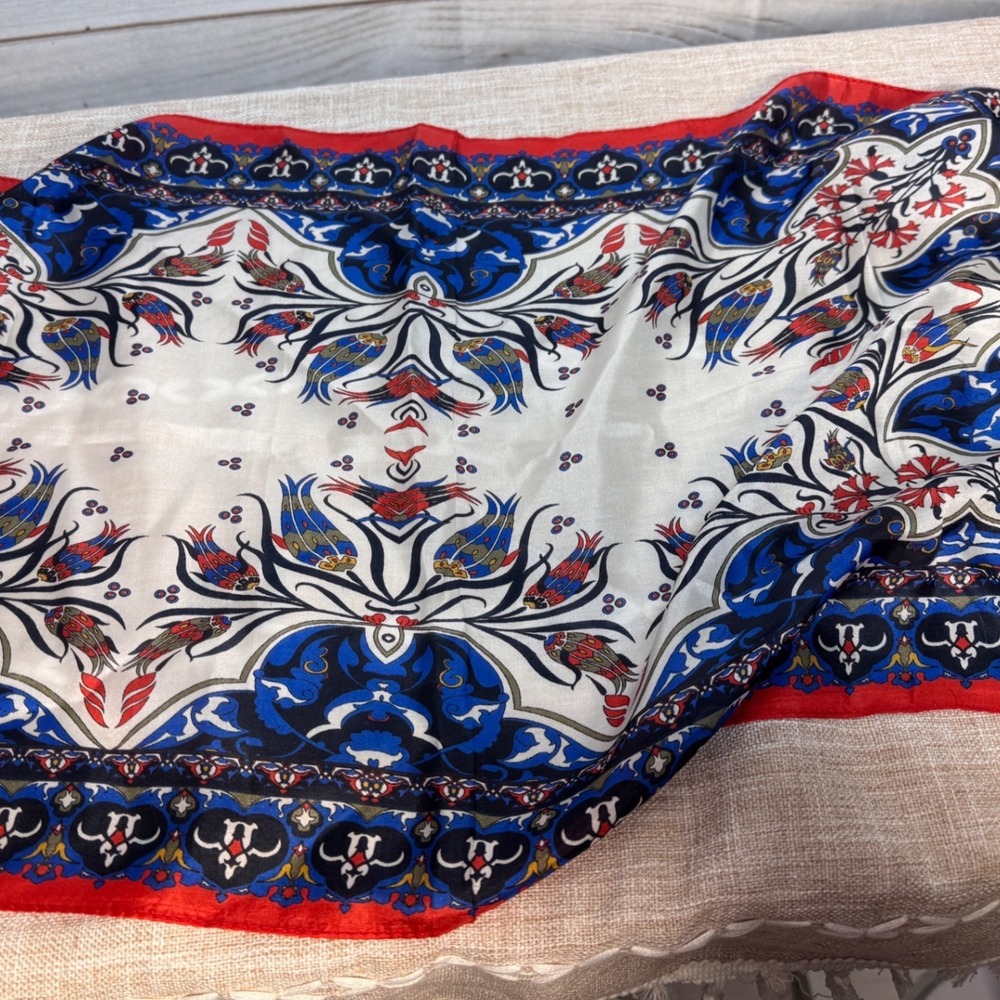 Bursa Ipek Scarf Womens OS Blue Red Silk Floral Geometric Made in Turkey NWT